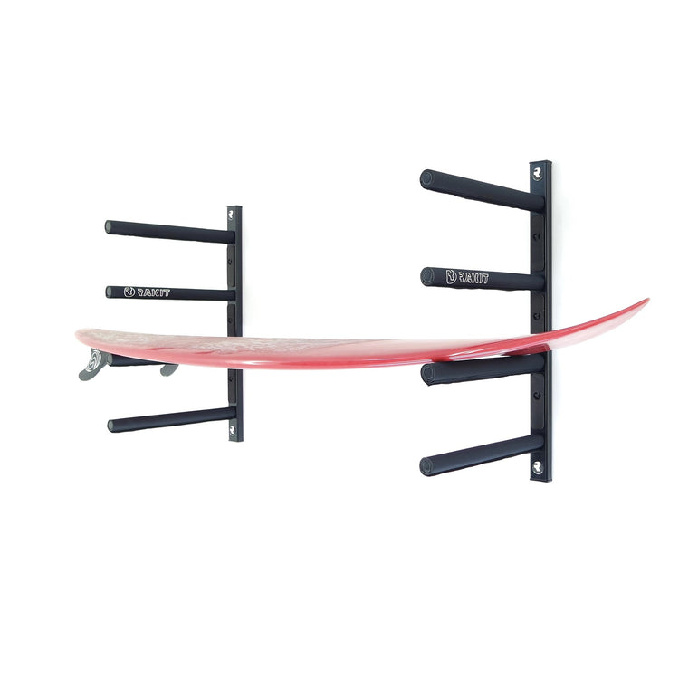 The Quiver 4 Board Surf Rack - Rakit Systems Wall mounted board rack for garage or home.