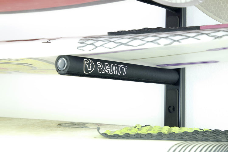 Charger Surf Rack - Rakit Systems Hitting all surf conditions? Then the Charger is the system for you. Wall mounted surf rack for 5 boards horizontally or 10 vertically. Laser cut aluminium chassis, powder coated for durability. CNC machined supports with stainless steel hardware. Full nylon/EVA foam pads for protection. Concealed fixing kit included. 2 Year guarantee. Safe and easy access to your favourite boards.
