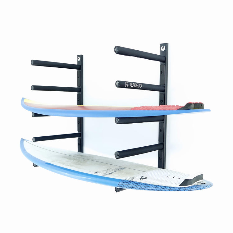 Charger Surf Rack - Rakit Systems Hitting all surf conditions? Then the Charger is the system for you. Wall mounted surf rack for 5 boards horizontally or 10 vertically. Laser cut aluminium chassis, powder coated for durability. CNC machined supports with stainless steel hardware. Full nylon/EVA foam pads for protection. Concealed fixing kit included. 2 Year guarantee. Safe and easy access to your favourite boards.