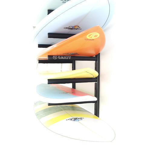 Full House Surf Rack - Rakit Systems Six board storage system in a future proof modular design. Laser cut 6000 series aluminium chassis. CNC machined aluminium supports. Nylon/EVA foam covers for board protection. Installation hardware and drill bit included. 2 Year guarantee. Safe, quick and easy access to all your favourite boards.