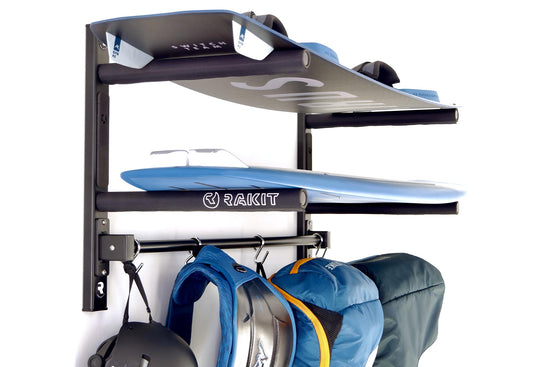 Kite Station Rack by Rakit Systems ALUMINIUM BOARD RACK FOR STORAGE OF TWO KITE BOARDS HARNESS AND KITES. RAKIT #WHEREBOARDSLEEP 