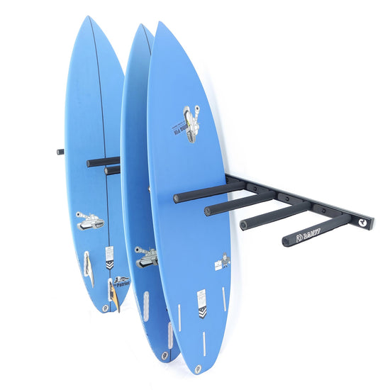 Charger Surf Rack - Rakit Systems Hitting all surf conditions? Then the Charger is the system for you.  Wall mounted surf rack for 5 boards horizontally or 10 vertically. Laser cut aluminium chassis, powder coated for durability. CNC machined supports with stainless steel hardware. Full nylon/EVA foam pads for protection. Concealed fixing kit included. 2 Year guarantee. Safe and easy access to your favourite boards.